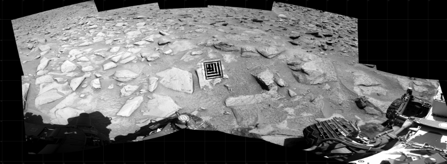 NASA's Mars rover Curiosity took 12 images in Gale Crater using its mast-mounted Right Navigation Camera (Navcam) to create this mosaic. The seam-corrected mosaic provides a 220-degree cylindrical projection panorama of the Martian surface centered at 199 degrees azimuth (measured clockwise from north). Curiosity took the images on May 01, 2023, Sol 3815 of the Mars Science Laboratory mission at drive 774, site number 101. The local mean solar time for the image exposures was from 1 PM to 2 PM. Each Navcam image has a 45 degree field of view. CREDIT: NASA/JPL-Caltech