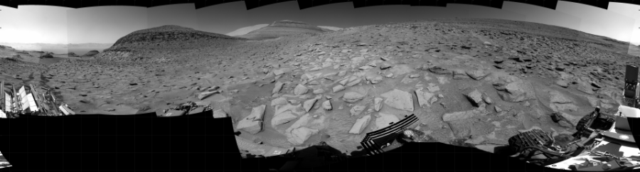 NASA's Mars rover Curiosity took 36 images in Gale Crater using its mast-mounted Right Navigation Camera (Navcam) to create this mosaic. The seam-corrected mosaic provides a 360-degree cylindrical projection panorama of the Martian surface centered at 134 degrees azimuth (measured clockwise from north). Curiosity took the images on May 07, 2023, Sols 3821-3815 of the Mars Science Laboratory mission at drive 774, site number 101. The local mean solar time for the image exposures was 2 PM. Each Navcam image has a 45 degree field of view. CREDIT: NASA/JPL-Caltech