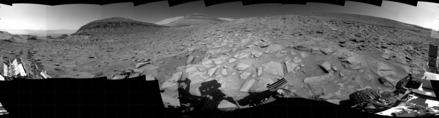 NASA's Mars rover Curiosity took 39 images in Gale Crater using its mast-mounted Right Navigation Camera (Navcam) to create this mosaic. The seam-corrected mosaic provides a 360-degree cylindrical projection panorama of the Martian surface centered at 134 degrees azimuth (measured clockwise from north). Curiosity took the images on May 09, 2023, Sols 3823-3815 of the Mars Science Laboratory mission at drive 774, site number 101. The local mean solar time for the image exposures was 2 PM. Each Navcam image has a 45 degree field of view. CREDIT: NASA/JPL-Caltech