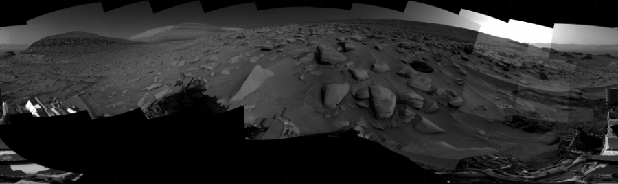NASA's Mars rover Curiosity took 31 images in Gale Crater using its mast-mounted Right Navigation Camera (Navcam) to create this mosaic. The seam-corrected mosaic provides a 360-degree cylindrical projection panorama of the Martian surface centered at 183 degrees azimuth (measured clockwise from north). Curiosity took the images on May 30, 2023, Sol 3843 of the Mars Science Laboratory mission at drive 1246, site number 101. The local mean solar time for the image exposures was from 3 PM to 4 PM. Each Navcam image has a 45 degree field of view. CREDIT: NASA/JPL-Caltech