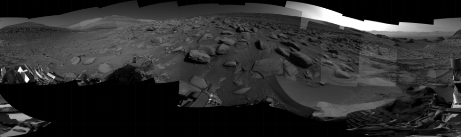 NASA's Mars rover Curiosity took 31 images in Gale Crater using its mast-mounted Right Navigation Camera (Navcam) to create this mosaic. The seam-corrected mosaic provides a 360-degree cylindrical projection panorama of the Martian surface centered at 204 degrees azimuth (measured clockwise from north). Curiosity took the images on June 02, 2023, Sol 3846 of the Mars Science Laboratory mission at drive 1354, site number 101. The local mean solar time for the image exposures was 3 PM. Each Navcam image has a 45 degree field of view. CREDIT: NASA/JPL-Caltech