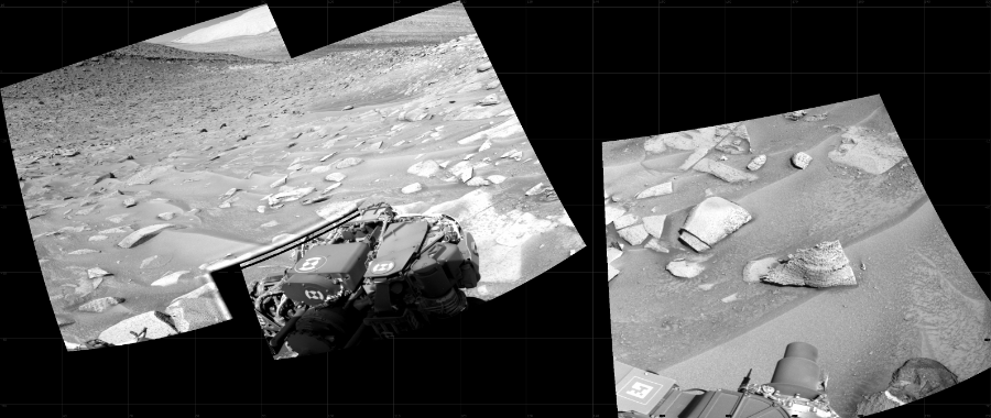 NASA's Mars rover Curiosity took 3 images in Gale Crater using its mast-mounted Right Navigation Camera (Navcam) to create this mosaic. The seam-corrected mosaic provides a 150-degree cylindrical projection panorama of the Martian surface centered at 125 degrees azimuth (measured clockwise from north). Curiosity took the images on June 12, 2023, Sol 3856 of the Mars Science Laboratory mission at drive 1498, site number 101. The local mean solar time for the image exposures was 2 PM. Each Navcam image has a 45 degree field of view. CREDIT: NASA/JPL-Caltech