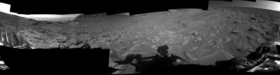 NASA's Mars rover Curiosity took 22 images in Gale Crater using its mast-mounted Right Navigation Camera (Navcam) to create this mosaic. The seam-corrected mosaic provides a 360-degree cylindrical projection panorama of the Martian surface centered at 96 degrees azimuth (measured clockwise from north). Curiosity took the images on June 14, 2023, Sol 3858 of the Mars Science Laboratory mission at drive 1768, site number 101. The local mean solar time for the image exposures was from 2 PM to 3 PM. Each Navcam image has a 45 degree field of view. CREDIT: NASA/JPL-Caltech