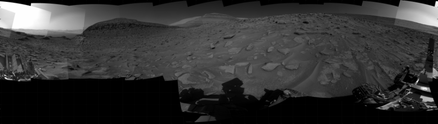 NASA's Mars rover Curiosity took 31 images in Gale Crater using its mast-mounted Right Navigation Camera (Navcam) to create this mosaic. The seam-corrected mosaic provides a 360-degree cylindrical projection panorama of the Martian surface centered at 119 degrees azimuth (measured clockwise from north). Curiosity took the images on June 16, 2023, Sol 3860 of the Mars Science Laboratory mission at drive 2008, site number 101. The local mean solar time for the image exposures was 2 PM. Each Navcam image has a 45 degree field of view. CREDIT: NASA/JPL-Caltech