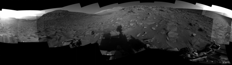 NASA's Mars rover Curiosity took 31 images in Gale Crater using its mast-mounted Right Navigation Camera (Navcam) to create this mosaic. The seam-corrected mosaic provides a 360-degree cylindrical projection panorama of the Martian surface centered at 112 degrees azimuth (measured clockwise from north). Curiosity took the images on June 22, 2023, Sol 3865 of the Mars Science Laboratory mission at drive 2474, site number 101. The local mean solar time for the image exposures was from 4 PM to 5 PM. Each Navcam image has a 45 degree field of view. CREDIT: NASA/JPL-Caltech