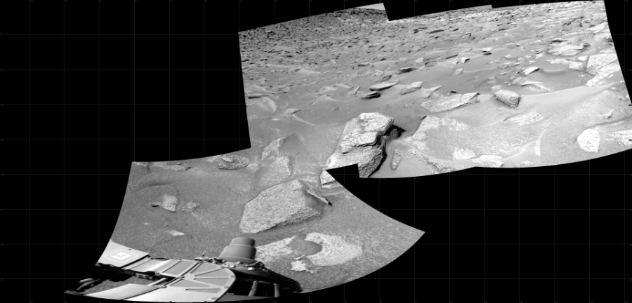 NASA's Mars rover Curiosity took 4 images in Gale Crater using its mast-mounted Right Navigation Camera (Navcam) to create this mosaic. The seam-corrected mosaic provides a 181-degree cylindrical projection panorama of the Martian surface centered at 62 degrees azimuth (measured clockwise from north). Curiosity took the images on June 23, 2023, Sol 3867 of the Mars Science Laboratory mission at drive 2616, site number 101. The local mean solar time for the image exposures was 1 PM. Each Navcam image has a 45 degree field of view. CREDIT: NASA/JPL-Caltech