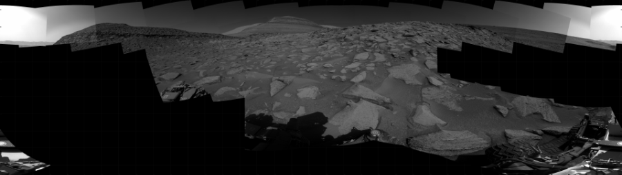 NASA's Mars rover Curiosity took 24 images in Gale Crater using its mast-mounted Right Navigation Camera (Navcam) to create this mosaic. The seam-corrected mosaic provides a 360-degree cylindrical projection panorama of the Martian surface centered at 131 degrees azimuth (measured clockwise from north). Curiosity took the images on June 27, 2023, Sol 3870 of the Mars Science Laboratory mission at drive 0, site number 102. The local mean solar time for the image exposures was 2 PM. Each Navcam image has a 45 degree field of view. CREDIT: NASA/JPL-Caltech