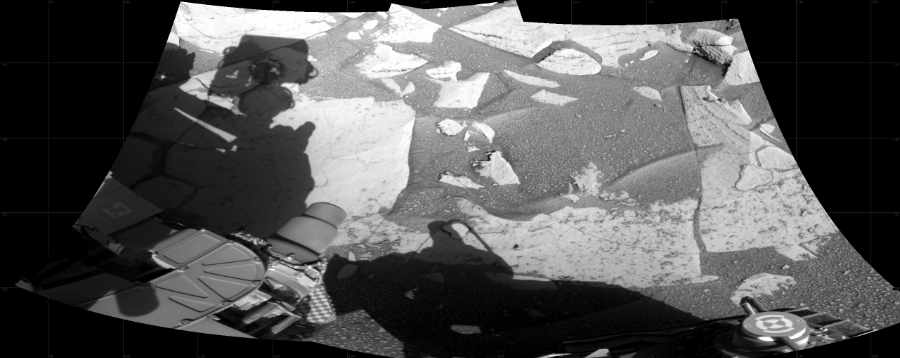NASA's Mars rover Curiosity took 2 images in Gale Crater using its mast-mounted Right Navigation Camera (Navcam) to create this mosaic. The seam-corrected mosaic provides a 120-degree cylindrical projection panorama of the Martian surface centered at 144 degrees azimuth (measured clockwise from north). Curiosity took the images on June 30, 2023, Sol 3873 of the Mars Science Laboratory mission at drive 492, site number 102. The local mean solar time for the image exposures was 3 PM. Each Navcam image has a 45 degree field of view. CREDIT: NASA/JPL-Caltech
