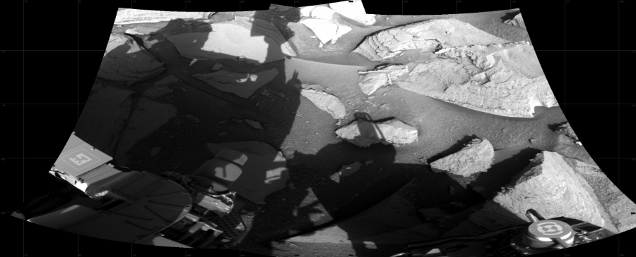 NASA's Mars rover Curiosity took 2 images in Gale Crater using its mast-mounted Right Navigation Camera (Navcam) to create this mosaic. The seam-corrected mosaic provides a 118-degree cylindrical projection panorama of the Martian surface centered at 124 degrees azimuth (measured clockwise from north). Curiosity took the images on July 05, 2023, Sol 3878 of the Mars Science Laboratory mission at drive 630, site number 102. The local mean solar time for the image exposures was 4 PM. Each Navcam image has a 45 degree field of view. CREDIT: NASA/JPL-Caltech
