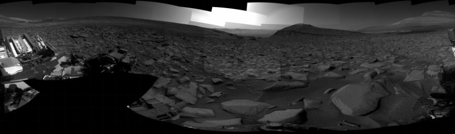 NASA's Mars rover Curiosity took 31 images in Gale Crater using its mast-mounted Right Navigation Camera (Navcam) to create this mosaic. The seam-corrected mosaic provides a 360-degree cylindrical projection panorama of the Martian surface centered at 309 degrees azimuth (measured clockwise from north). Curiosity took the images on July 12, 2023, Sol 3885 of the Mars Science Laboratory mission at drive 1054, site number 102. The local mean solar time for the image exposures was from 2 PM to 3 PM. Each Navcam image has a 45 degree field of view. CREDIT: NASA/JPL-Caltech
