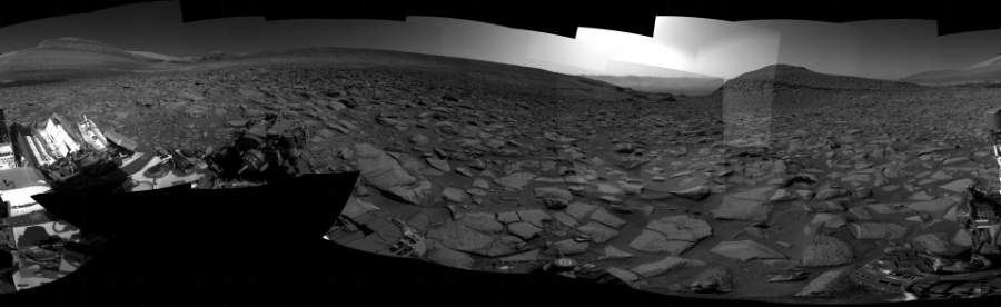 NASA's Mars rover Curiosity took 31 images in Gale Crater using its mast-mounted Right Navigation Camera (Navcam) to create this mosaic. The seam-corrected mosaic provides a 360-degree cylindrical projection panorama of the Martian surface centered at 269 degrees azimuth (measured clockwise from north). Curiosity took the images on July 14, 2023, Sol 3887 of the Mars Science Laboratory mission at drive 1192, site number 102. The local mean solar time for the image exposures was from 2 PM to 3 PM. Each Navcam image has a 45 degree field of view. CREDIT: NASA/JPL-Caltech