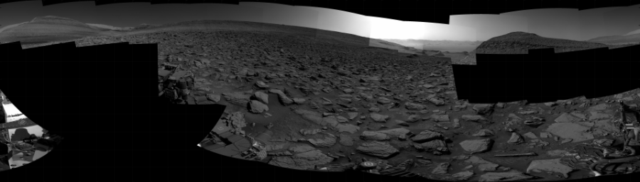 NASA's Mars rover Curiosity took 24 images in Gale Crater using its mast-mounted Right Navigation Camera (Navcam) to create this mosaic. The seam-corrected mosaic provides a 360-degree cylindrical projection panorama of the Martian surface centered at 266 degrees azimuth (measured clockwise from north). Curiosity took the images on July 17, 2023, Sol 3890 of the Mars Science Laboratory mission at drive 1402, site number 102. The local mean solar time for the image exposures was from 2 PM to 3 PM. Each Navcam image has a 45 degree field of view. CREDIT: NASA/JPL-Caltech
