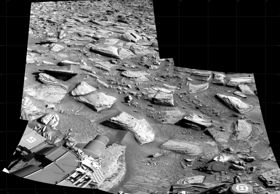 NASA's Mars rover Curiosity took 3 images in Gale Crater using its mast-mounted Right Navigation Camera (Navcam) to create this mosaic. The seam-corrected mosaic provides a 97-degree cylindrical projection panorama of the Martian surface centered at 216 degrees azimuth (measured clockwise from north). Curiosity took the images on July 19, 2023, Sol 3892 of the Mars Science Laboratory mission at drive 1684, site number 102. The local mean solar time for the image exposures was 3 PM. Each Navcam image has a 45 degree field of view. CREDIT: NASA/JPL-Caltech
