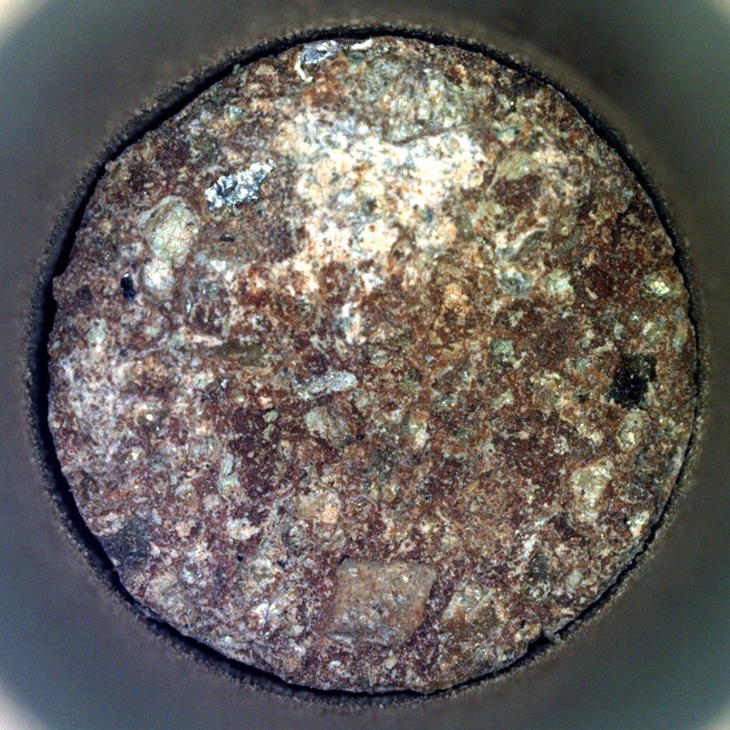NASA’s Perseverance captured this image June 13 of a sample it cored from a conglomerate rock called “Emerald Lake.”