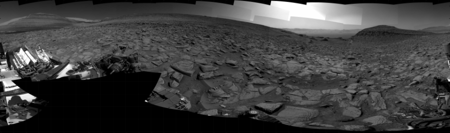 NASA's Mars rover Curiosity took 31 images in Gale Crater using its mast-mounted Right Navigation Camera (Navcam) to create this mosaic. The seam-corrected mosaic provides a 360-degree cylindrical projection panorama of the Martian surface centered at 259 degrees azimuth (measured clockwise from north). Curiosity took the images on July 21, 2023, Sol 3894 of the Mars Science Laboratory mission at drive 1864, site number 102. The local mean solar time for the image exposures was 2 PM. Each Navcam image has a 45 degree field of view. CREDIT: NASA/JPL-Caltech