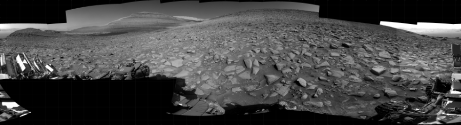 NASA's Mars rover Curiosity took 25 images in Gale Crater using its mast-mounted Right Navigation Camera (Navcam) to create this mosaic. The seam-corrected mosaic provides a 360-degree cylindrical projection panorama of the Martian surface centered at 174 degrees azimuth (measured clockwise from north). Curiosity took the images on August 01, 2023, Sol 3904 of the Mars Science Laboratory mission at drive 2866, site number 102. The local mean solar time for the image exposures was 2 PM. Each Navcam image has a 45 degree field of view. CREDIT: NASA/JPL-Caltech