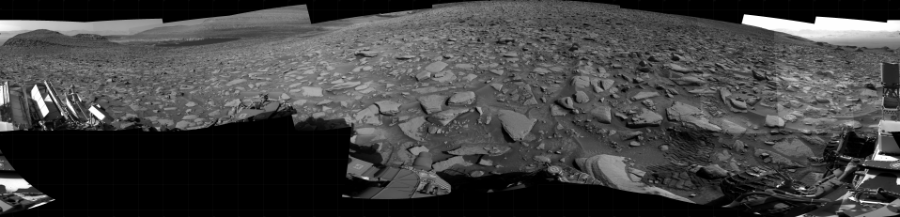 NASA's Mars rover Curiosity took 19 images in Gale Crater using its mast-mounted Right Navigation Camera (Navcam) to create this mosaic. The seam-corrected mosaic provides a 360-degree cylindrical projection panorama of the Martian surface centered at 175 degrees azimuth (measured clockwise from north). Curiosity took the images on August 02, 2023, Sol 3905 of the Mars Science Laboratory mission at drive 0, site number 103. The local mean solar time for the image exposures was from 2 PM to 3 PM. Each Navcam image has a 45 degree field of view. CREDIT: NASA/JPL-Caltech