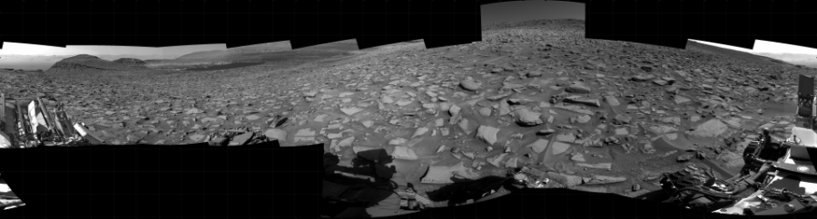 NASA's Mars rover Curiosity took 20 images in Gale Crater using its mast-mounted Right Navigation Camera (Navcam) to create this mosaic. The seam-corrected mosaic provides a 360-degree cylindrical projection panorama of the Martian surface centered at 150 degrees azimuth (measured clockwise from north). Curiosity took the images on August 05, 2023, Sol 3908 of the Mars Science Laboratory mission at drive 286, site number 103. The local mean solar time for the image exposures was 2 PM. Each Navcam image has a 45 degree field of view. CREDIT: NASA/JPL-Caltech