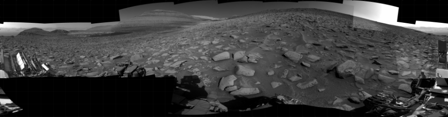 NASA's Mars rover Curiosity took 25 images in Gale Crater using its mast-mounted Right Navigation Camera (Navcam) to create this mosaic. The seam-corrected mosaic provides a 360-degree cylindrical projection panorama of the Martian surface centered at 157 degrees azimuth (measured clockwise from north). Curiosity took the images on August 07, 2023, Sol 3910 of the Mars Science Laboratory mission at drive 400, site number 103. The local mean solar time for the image exposures was 2 PM. Each Navcam image has a 45 degree field of view. CREDIT: NASA/JPL-Caltech