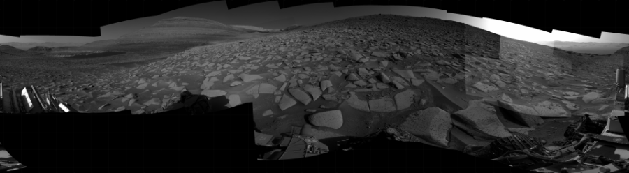 NASA's Mars rover Curiosity took 27 images in Gale Crater using its mast-mounted Right Navigation Camera (Navcam) to create this mosaic. The seam-corrected mosaic provides a 360-degree cylindrical projection panorama of the Martian surface centered at 178 degrees azimuth (measured clockwise from north). Curiosity took the images on August 11, 2023, Sol 3914 of the Mars Science Laboratory mission at drive 994, site number 103. The local mean solar time for the image exposures was 3 PM. Each Navcam image has a 45 degree field of view. CREDIT: NASA/JPL-Caltech