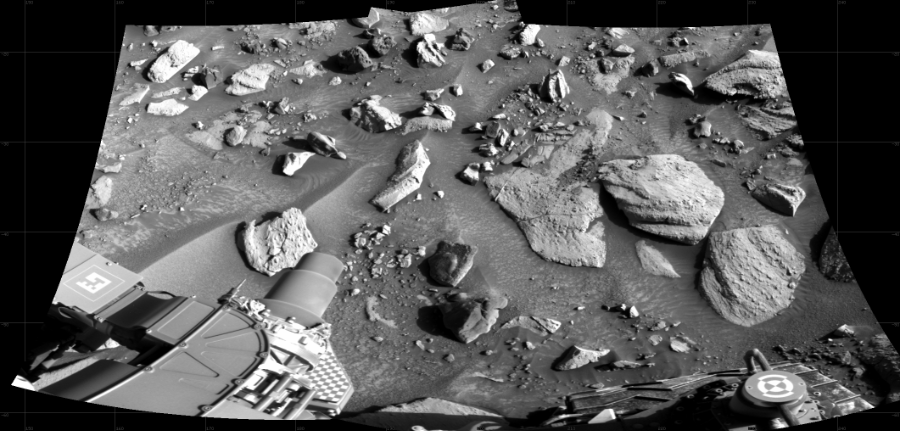 NASA's Mars rover Curiosity took 2 images in Gale Crater using its mast-mounted Right Navigation Camera (Navcam) to create this mosaic. The seam-corrected mosaic provides a 100-degree cylindrical projection panorama of the Martian surface centered at 197 degrees azimuth (measured clockwise from north). Curiosity took the images on August 14, 2023, Sol 3917 of the Mars Science Laboratory mission at drive 1234, site number 103. The local mean solar time for the image exposures was 3 PM. Each Navcam image has a 45 degree field of view. CREDIT: NASA/JPL-Caltech