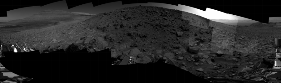 NASA's Mars rover Curiosity took 27 images in Gale Crater using its mast-mounted Right Navigation Camera (Navcam) to create this mosaic. The seam-corrected mosaic provides a 360-degree cylindrical projection panorama of the Martian surface centered at 214 degrees azimuth (measured clockwise from north). Curiosity took the images on August 16, 2023, Sol 3919 of the Mars Science Laboratory mission at drive 1468, site number 103. The local mean solar time for the image exposures was from 2 PM to 3 PM. Each Navcam image has a 45 degree field of view. CREDIT: NASA/JPL-Caltech