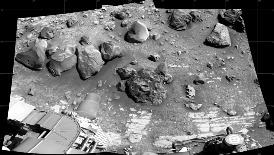 NASA's Mars rover Curiosity took 2 images in Gale Crater using its mast-mounted Right Navigation Camera (Navcam) to create this mosaic. The seam-corrected mosaic provides a 85-degree cylindrical projection panorama of the Martian surface centered at 213 degrees azimuth (measured clockwise from north). Curiosity took the images on August 21, 2023, Sol 3924 of the Mars Science Laboratory mission at drive 1598, site number 103. The local mean solar time for the image exposures was 1 PM. Each Navcam image has a 45 degree field of view. CREDIT: NASA/JPL-Caltech