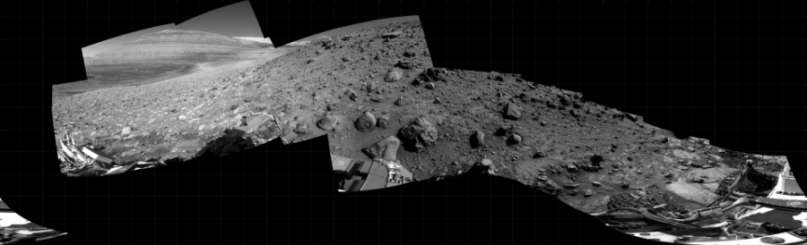 NASA's Mars rover Curiosity took 14 images in Gale Crater using its mast-mounted Right Navigation Camera (Navcam) to create this mosaic. The seam-corrected mosaic provides a 360-degree cylindrical projection panorama of the Martian surface centered at 201 degrees azimuth (measured clockwise from north). Curiosity took the images on August 25, 2023, Sol 3928 of the Mars Science Laboratory mission at drive 1742, site number 103. The local mean solar time for the image exposures was from 2 PM to 3 PM. Each Navcam image has a 45 degree field of view. CREDIT: NASA/JPL-Caltech