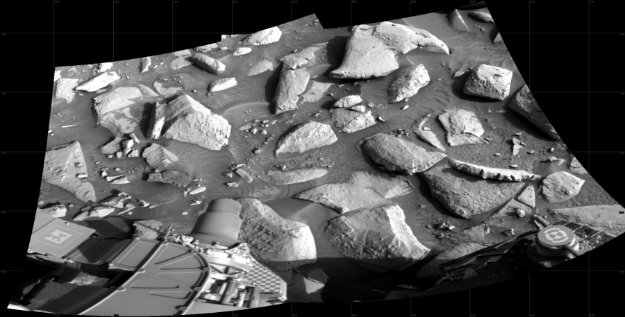 NASA's Mars rover Curiosity took 2 images in Gale Crater using its mast-mounted Right Navigation Camera (Navcam) to create this mosaic. The seam-corrected mosaic provides a 105-degree cylindrical projection panorama of the Martian surface centered at 184 degrees azimuth (measured clockwise from north). Curiosity took the images on August 31, 2023, Sol 3934 of the Mars Science Laboratory mission at drive 2442, site number 103. The local mean solar time for the image exposures was 3 PM. Each Navcam image has a 45 degree field of view. CREDIT: NASA/JPL-Caltech
