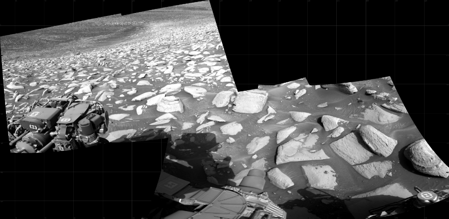 NASA's Mars rover Curiosity took 4 images in Gale Crater using its mast-mounted Right Navigation Camera (Navcam) to create this mosaic. The seam-corrected mosaic provides a 154-degree cylindrical projection panorama of the Martian surface centered at 132 degrees azimuth (measured clockwise from north). Curiosity took the images on September 04, 2023, Sol 3938 of the Mars Science Laboratory mission at drive 2682, site number 103. The local mean solar time for the image exposures was 2 PM. Each Navcam image has a 45 degree field of view. CREDIT: NASA/JPL-Caltech