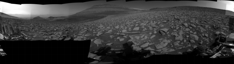 NASA's Mars rover Curiosity took 31 images in Gale Crater using its mast-mounted Right Navigation Camera (Navcam) to create this mosaic. The seam-corrected mosaic provides a 360-degree cylindrical projection panorama of the Martian surface centered at 111 degrees azimuth (measured clockwise from north). Curiosity took the images on September 08, 2023, Sol 3941 of the Mars Science Laboratory mission at drive 0, site number 104. The local mean solar time for the image exposures was 2 PM. Each Navcam image has a 45 degree field of view. CREDIT: NASA/JPL-Caltech