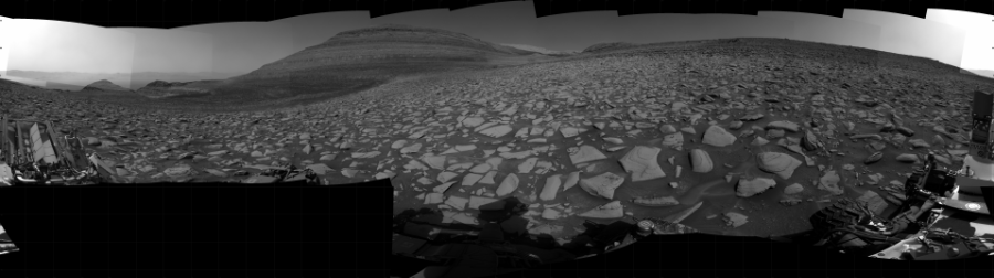 NASA's Mars rover Curiosity took 31 images in Gale Crater using its mast-mounted Right Navigation Camera (Navcam) to create this mosaic. The seam-corrected mosaic provides a 360-degree cylindrical projection panorama of the Martian surface centered at 131 degrees azimuth (measured clockwise from north). Curiosity took the images on September 11, 2023, Sol 3944 of the Mars Science Laboratory mission at drive 174, site number 104. The local mean solar time for the image exposures was from 1 PM to 2 PM. Each Navcam image has a 45 degree field of view. CREDIT: NASA/JPL-Caltech