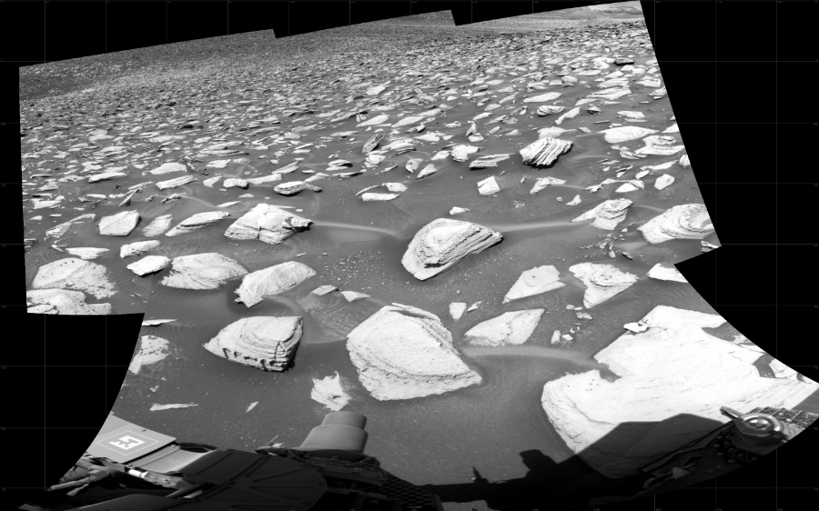 NASA's Mars rover Curiosity took 5 images in Gale Crater using its mast-mounted Right Navigation Camera (Navcam) to create this mosaic. The seam-corrected mosaic provides a 134-degree cylindrical projection panorama of the Martian surface centered at 120 degrees azimuth (measured clockwise from north). Curiosity took the images on September 18, 2023, Sol 3951 of the Mars Science Laboratory mission at drive 856, site number 104. The local mean solar time for the image exposures was 12 PM. Each Navcam image has a 45 degree field of view. CREDIT: NASA/JPL-Caltech