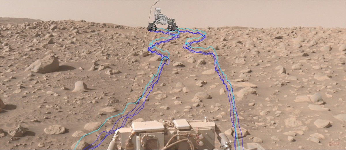 This annotated composite image shows the path NASA’s Perseverance Mars rover took through a dense section of boulders.