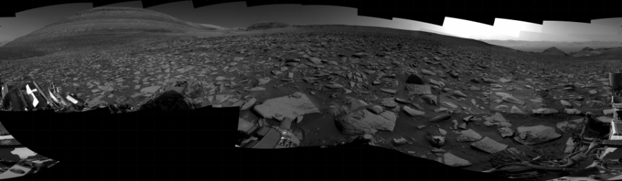NASA's Mars rover Curiosity took 31 images in Gale Crater using its mast-mounted Right Navigation Camera (Navcam) to create this mosaic. The seam-corrected mosaic provides a 360-degree cylindrical projection panorama of the Martian surface centered at 201 degrees azimuth (measured clockwise from north). Curiosity took the images on September 27, 2023, Sol 3960 of the Mars Science Laboratory mission at drive 106, site number 105. The local mean solar time for the image exposures was from 2 PM to 3 PM. Each Navcam image has a 45 degree field of view. CREDIT: NASA/JPL-Caltech