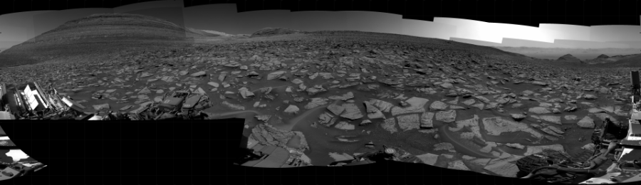 NASA's Mars rover Curiosity took 52 images in Gale Crater using its mast-mounted Right Navigation Camera (Navcam) to create this mosaic. The seam-corrected mosaic provides a 360-degree cylindrical projection panorama of the Martian surface centered at 202 degrees azimuth (measured clockwise from north). Curiosity took the images on October 06, 2023, Sols 3969-3967 of the Mars Science Laboratory mission at drive 250, site number 105. The local mean solar time for the image exposures was from 1 PM to 2 PM. Each Navcam image has a 45 degree field of view. CREDIT: NASA/JPL-Caltech