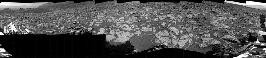 NASA's Mars rover Curiosity took 19 images in Gale Crater using its mast-mounted Right Navigation Camera (Navcam) to create this mosaic. The seam-corrected mosaic provides a 360-degree cylindrical projection panorama of the Martian surface centered at 152 degrees azimuth (measured clockwise from north). Curiosity took the images on October 09, 2023, Sol 3972 of the Mars Science Laboratory mission at drive 400, site number 105. The local mean solar time for the image exposures was 1 PM. Each Navcam image has a 45 degree field of view. CREDIT: NASA/JPL-Caltech