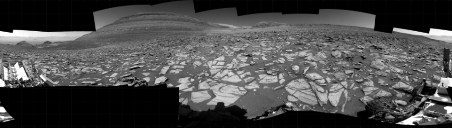 NASA's Mars rover Curiosity took 25 images in Gale Crater using its mast-mounted Right Navigation Camera (Navcam) to create this mosaic. The seam-corrected mosaic provides a 360-degree cylindrical projection panorama of the Martian surface centered at 143 degrees azimuth (measured clockwise from north). Curiosity took the images on October 11, 2023, Sol 3974 of the Mars Science Laboratory mission at drive 418, site number 105. The local mean solar time for the image exposures was from 1 PM to 12 PM. Each Navcam image has a 45 degree field of view. CREDIT: NASA/JPL-Caltech
