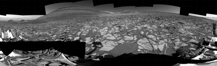 NASA's Mars rover Curiosity took 30 images in Gale Crater using its mast-mounted Right Navigation Camera (Navcam) to create this mosaic. The seam-corrected mosaic provides a 360-degree cylindrical projection panorama of the Martian surface centered at 143 degrees azimuth (measured clockwise from north). Curiosity took the images on October 15, 2023, Sols 3978-3974 of the Mars Science Laboratory mission at drive 418, site number 105. The local mean solar time for the image exposures was from 1 PM to 12 PM. Each Navcam image has a 45 degree field of view. CREDIT: NASA/JPL-Caltech
