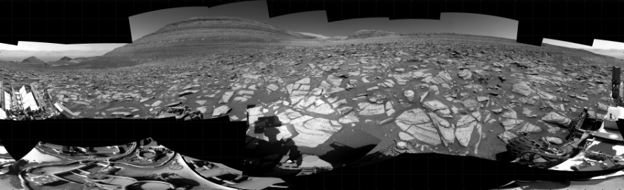 NASA's Mars rover Curiosity took 34 images in Gale Crater using its mast-mounted Right Navigation Camera (Navcam) to create this mosaic. The seam-corrected mosaic provides a 360-degree cylindrical projection panorama of the Martian surface centered at 143 degrees azimuth (measured clockwise from north). Curiosity took the images on October 19, 2023, Sols 3981-3974 of the Mars Science Laboratory mission at drive 418, site number 105. The local mean solar time for the image exposures was from 1 PM to 2 PM. Each Navcam image has a 45 degree field of view. CREDIT: NASA/JPL-Caltech