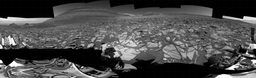 NASA's Mars rover Curiosity took 35 images in Gale Crater using its mast-mounted Right Navigation Camera (Navcam) to create this mosaic. The seam-corrected mosaic provides a 360-degree cylindrical projection panorama of the Martian surface centered at 143 degrees azimuth (measured clockwise from north). Curiosity took the images on October 20, 2023, Sols 3982-3974 of the Mars Science Laboratory mission at drive 418, site number 105. The local mean solar time for the image exposures was from 11 AM to 1 PM. Each Navcam image has a 45 degree field of view. CREDIT: NASA/JPL-Caltech