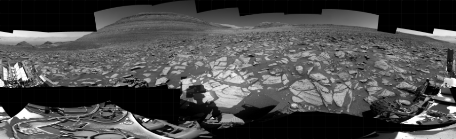NASA's Mars rover Curiosity took 36 images in Gale Crater using its mast-mounted Right Navigation Camera (Navcam) to create this mosaic. The seam-corrected mosaic provides a 360-degree cylindrical projection panorama of the Martian surface centered at 143 degrees azimuth (measured clockwise from north). Curiosity took the images on October 21, 2023, Sols 3983-3974 of the Mars Science Laboratory mission at drive 418, site number 105. The local mean solar time for the image exposures was from 11 AM to 1 PM. Each Navcam image has a 45 degree field of view. CREDIT: NASA/JPL-Caltech