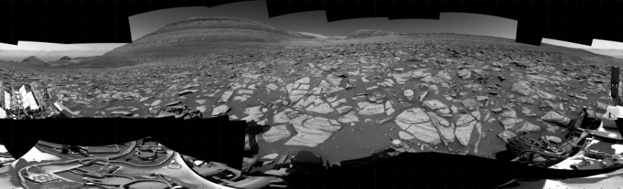 NASA's Mars rover Curiosity took 39 images in Gale Crater using its mast-mounted Right Navigation Camera (Navcam) to create this mosaic. The seam-corrected mosaic provides a 360-degree cylindrical projection panorama of the Martian surface centered at 143 degrees azimuth (measured clockwise from north). Curiosity took the images on October 22, 2023, Sols 3984-3974 of the Mars Science Laboratory mission at drive 418, site number 105. The local mean solar time for the image exposures was from 11 AM to 1 PM. Each Navcam image has a 45 degree field of view. CREDIT: NASA/JPL-Caltech