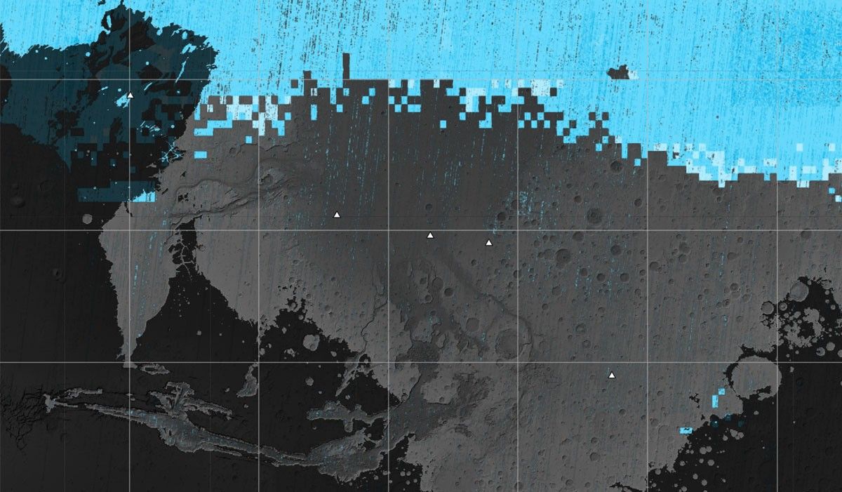 The blue areas on this map of Mars are regions where NASA missions have detected subsurface water ice (from the equator to 60 degrees north latitude).