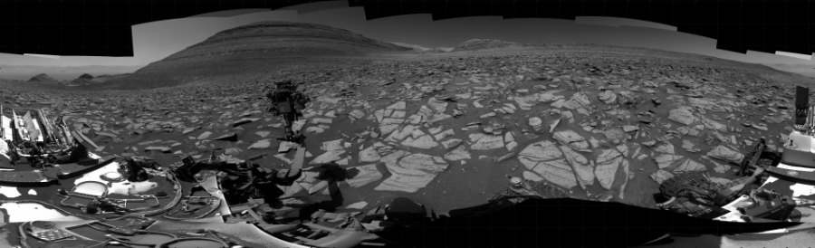 NASA's Mars rover Curiosity took 72 images in Gale Crater using its mast-mounted Right Navigation Camera (Navcam) to create this mosaic. The seam-corrected mosaic provides a 360-degree cylindrical projection panorama of the Martian surface centered at 143 degrees azimuth (measured clockwise from north). Curiosity took the images on October 27, 2023, Sols 3989-3974 of the Mars Science Laboratory mission at drive 418, site number 105. The local mean solar time for the image exposures was from 11 AM to 1 PM. Each Navcam image has a 45 degree field of view. CREDIT: NASA/JPL-Caltech
