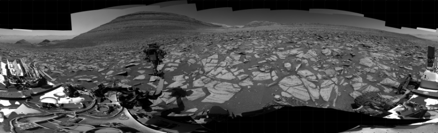 NASA's Mars rover Curiosity took 73 images in Gale Crater using its mast-mounted Right Navigation Camera (Navcam) to create this mosaic. The seam-corrected mosaic provides a 360-degree cylindrical projection panorama of the Martian surface centered at 143 degrees azimuth (measured clockwise from north). Curiosity took the images on October 28, 2023, Sols 3990-3974 of the Mars Science Laboratory mission at drive 418, site number 105. The local mean solar time for the image exposures was from 1 PM to 2 PM. Each Navcam image has a 45 degree field of view. CREDIT: NASA/JPL-Caltech
