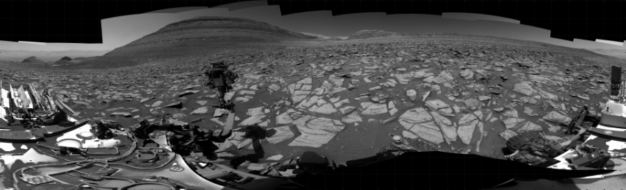 NASA's Mars rover Curiosity took 76 images in Gale Crater using its mast-mounted Right Navigation Camera (Navcam) to create this mosaic. The seam-corrected mosaic provides a 360-degree cylindrical projection panorama of the Martian surface centered at 143 degrees azimuth (measured clockwise from north). Curiosity took the images on November 02, 2023, Sols 3995-3974 of the Mars Science Laboratory mission at drive 418, site number 105. The local mean solar time for the image exposures was from 1 PM to 12 PM. Each Navcam image has a 45 degree field of view. CREDIT: NASA/JPL-Caltech
