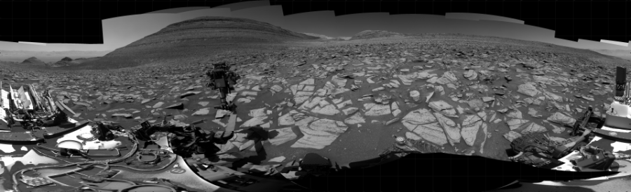 NASA's Mars rover Curiosity took 77 images in Gale Crater using its mast-mounted Right Navigation Camera (Navcam) to create this mosaic. The seam-corrected mosaic provides a 360-degree cylindrical projection panorama of the Martian surface centered at 143 degrees azimuth (measured clockwise from north). Curiosity took the images on November 03, 2023, Sols 3996-3974 of the Mars Science Laboratory mission at drive 418, site number 105. The local mean solar time for the image exposures was from 1 PM to 12 PM. Each Navcam image has a 45 degree field of view. CREDIT: NASA/JPL-Caltech