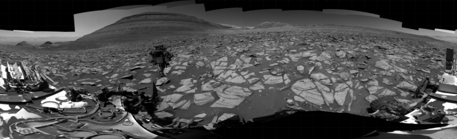 NASA's Mars rover Curiosity took 81 images in Gale Crater using its mast-mounted Right Navigation Camera (Navcam) to create this mosaic. The seam-corrected mosaic provides a 360-degree cylindrical projection panorama of the Martian surface centered at 143 degrees azimuth (measured clockwise from north). Curiosity took the images on December 02, 2023, Sols 4024-3974 of the Mars Science Laboratory mission at drive 418, site number 105. The local mean solar time for the image exposures was from 10 AM to 1 PM. Each Navcam image has a 45 degree field of view. CREDIT: NASA/JPL-Caltech