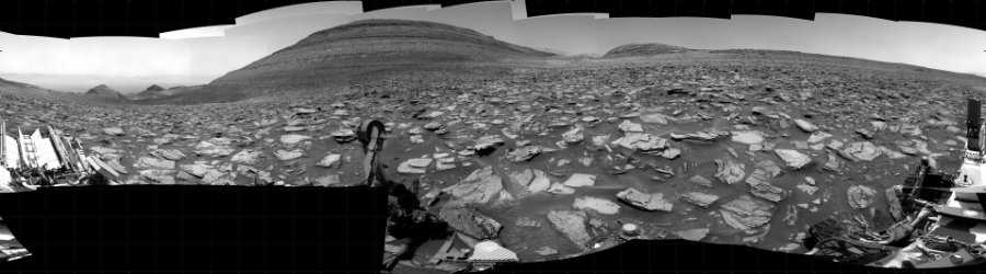 NASA's Mars rover Curiosity took 61 images in Gale Crater using its mast-mounted Right Navigation Camera (Navcam) to create this mosaic. The seam-corrected mosaic provides a 360-degree cylindrical projection panorama of the Martian surface centered at 123 degrees azimuth (measured clockwise from north). Curiosity took the images on December 11, 2023, Sols 4033-4030 of the Mars Science Laboratory mission at drive 622, site number 105. The local mean solar time for the image exposures was from 11 AM to 3 PM. Each Navcam image has a 45 degree field of view. CREDIT: NASA/JPL-Caltech